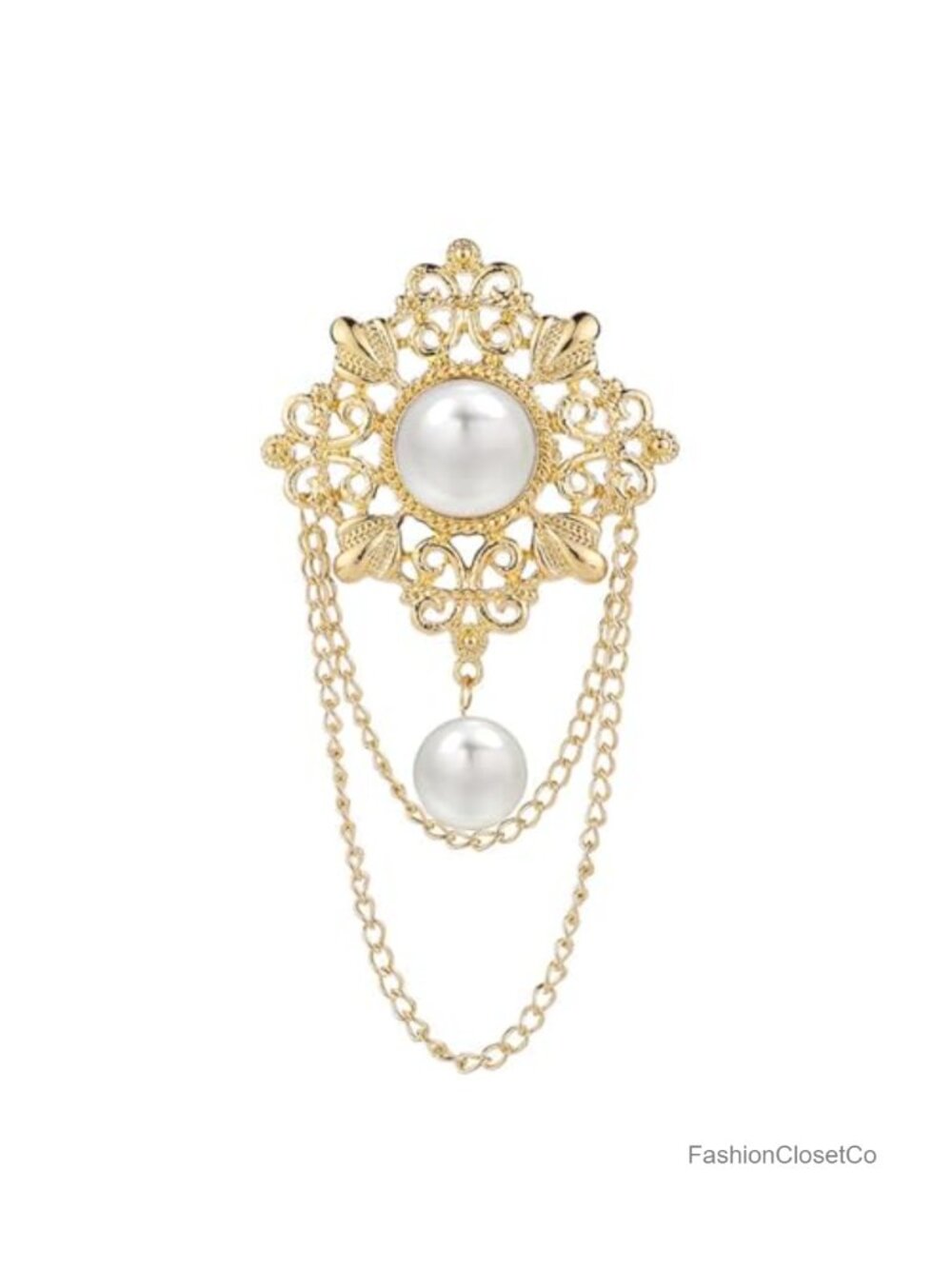 Pearl Filigree Flower Chain Tassel Brooch Lapel Pin Retro Boho Dangle